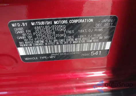 2018 Mitsubishi Outlander Es из США, поврежденный, VIN JA4AZ3A36JZ034147